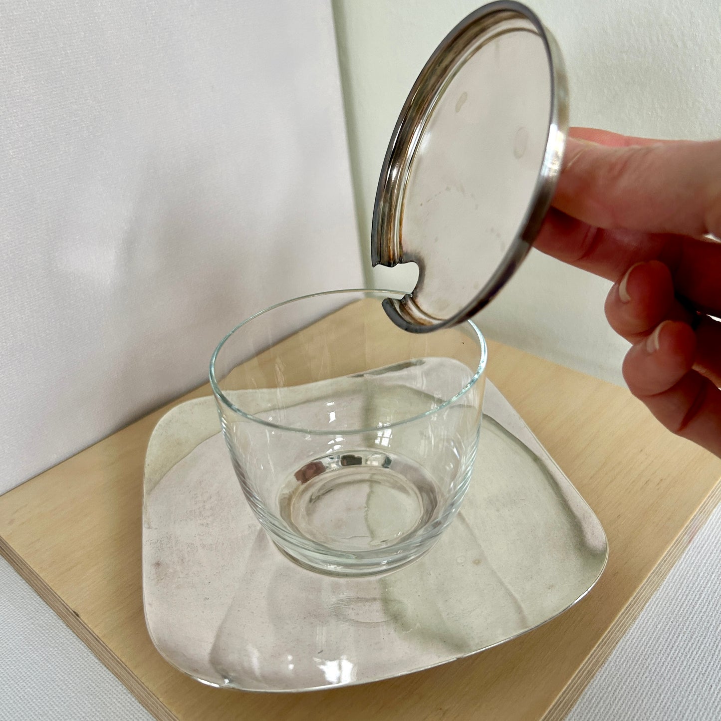 Vintage steel and glass serving dish