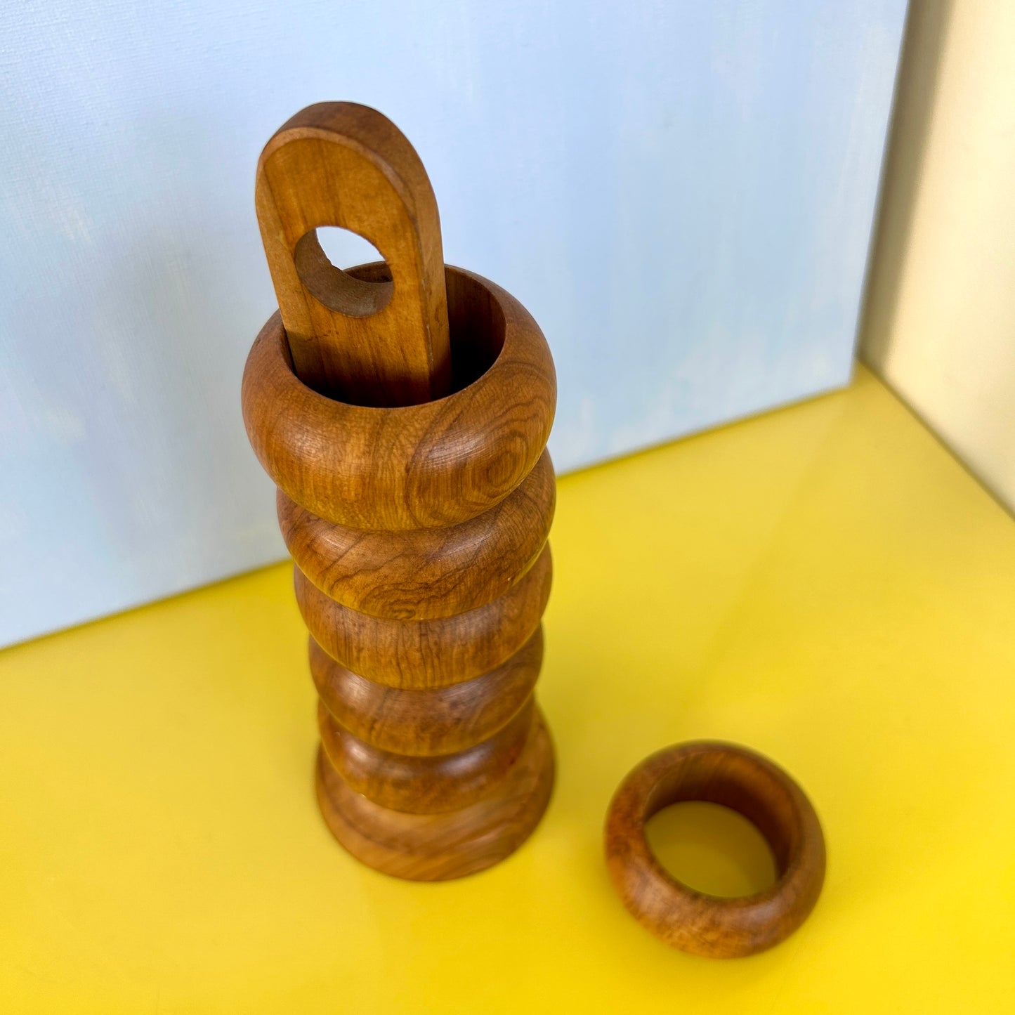 Wooden napkin ring set with stand